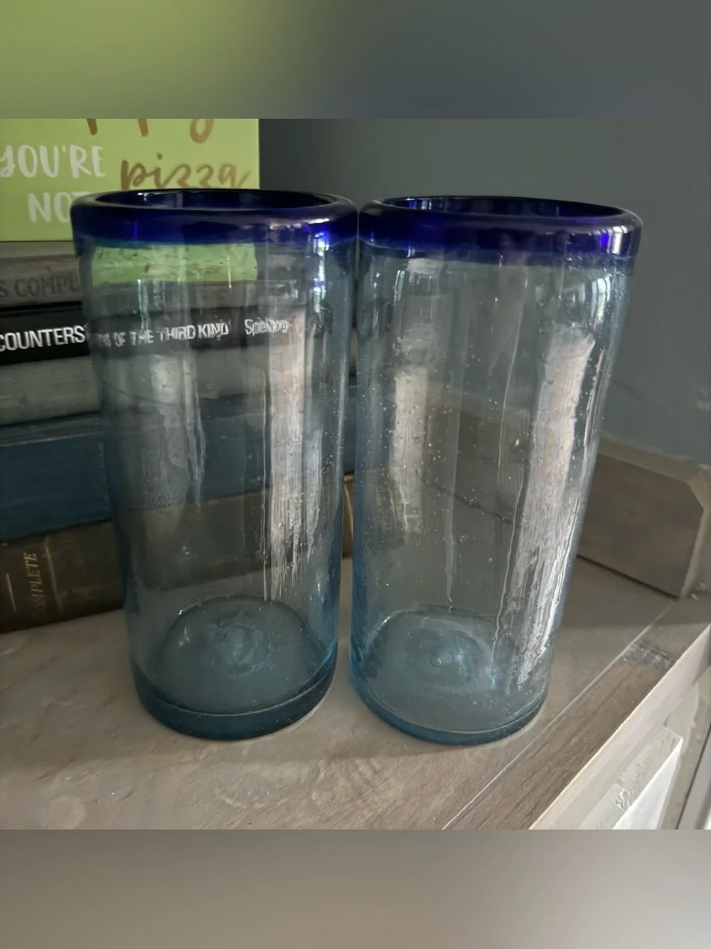 2 Thick Glass Cylinder Vases Clear with Blue Tint and Rim 7” Tall